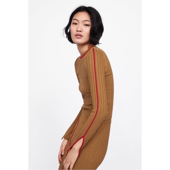 Zara Sweaters - Zara Ribbed Long Sleeve Sweater Womens Brown Contrasting Piping Pullover Medium